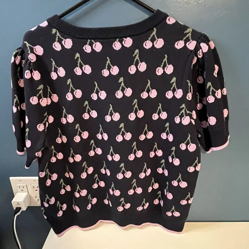 On 34th Fun Cherry Sweater Navy & Lavender Jacquard Knit Elbow Sleeve Sz 2X - Picture 2 of 13